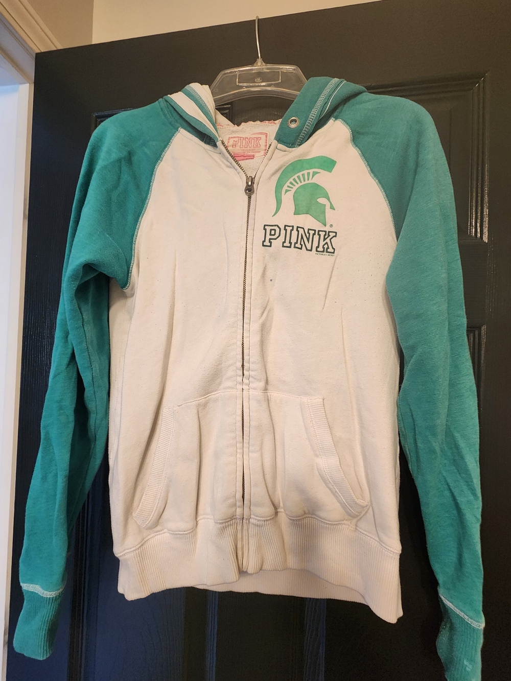 PINK Green and White Michigan State Spartan Raglan Zip Hoodie with Spartan Logo